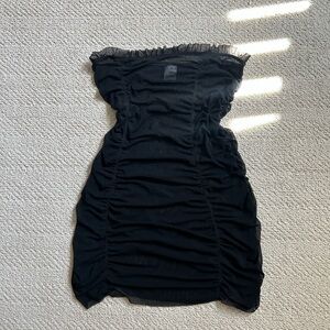 black mesh ruched mini dress